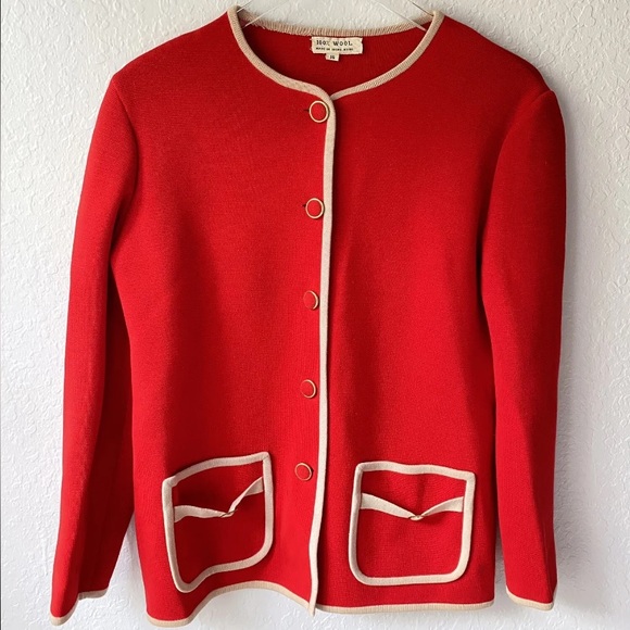 Vintage Red CARDIGAN SWEATER JACKET Gold Piped Luxury Lipstick Red SZ 16 XL Plus - Picture 1 of 6